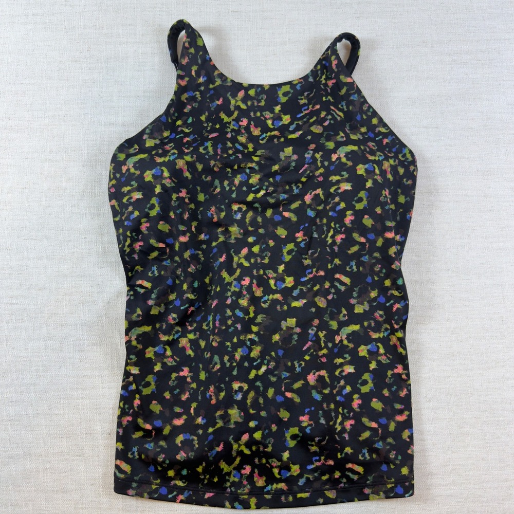 Athleta Black Multi Color Abstract Splatter Print High Neck Tank Top w/Shelf Bra